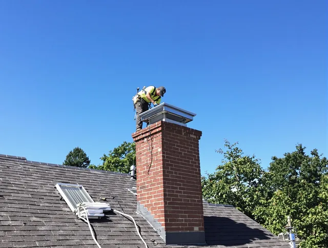 Hanson Chimney Sweep technician measuring a chimney cap in Hanson, MA