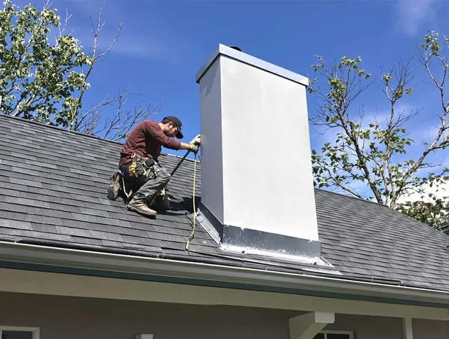 Hanson Chimney Sweep team member finishing chimney construction in Hanson, MA