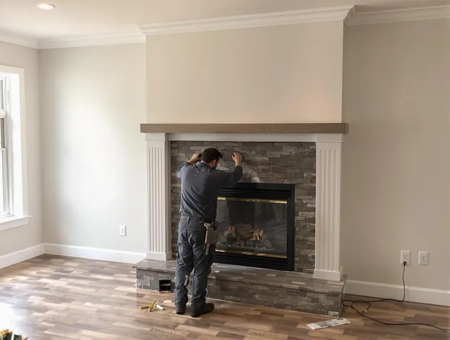 Hanson Chimney Sweep finishing a custom fireplace install in Hanson, MA